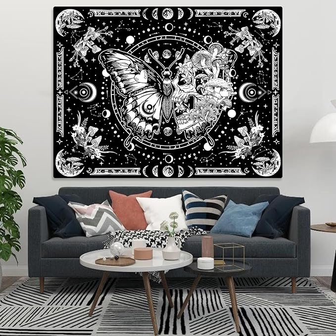 Skeleton Butterfly Tapestry Black and White Skull Mushroom Plants Tapestries Hippie Aesthetic Tapestry Wall Hanging for Bedroom Living Room Dorm (Black, 60” x 44”)