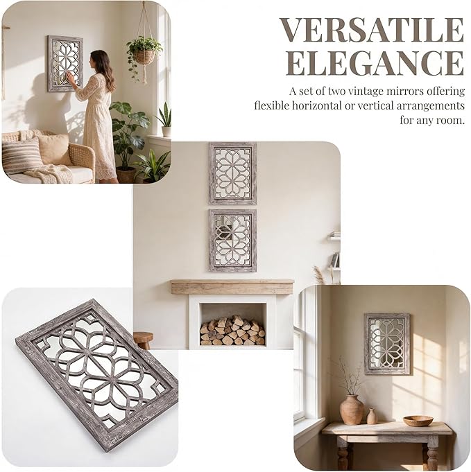 Set of 2 13x17 Inch Rectangular Shatterproof Decorative Wall Mirrors, Boho Farmhouse Rustic Vintage Grey Accent Mirrors for Living Room, Bedroom, Entryway & Home Wall Decor（Brown）