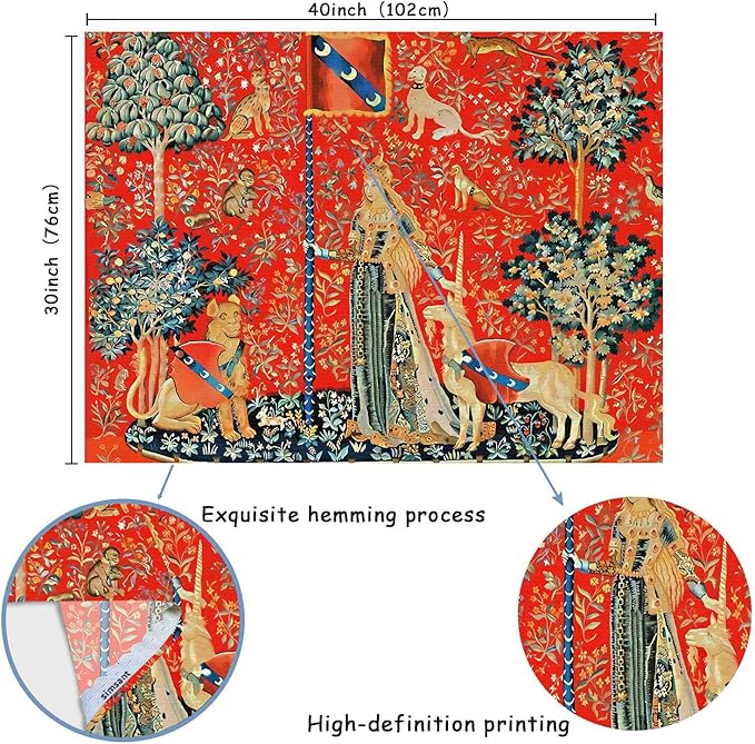 FEASRT European Royal Tapestry Medieval Princess Tapestry, 40x30 Inches Soft Flannelette, Lady and Unicorn for Living Room Bedroom Dorm Decor