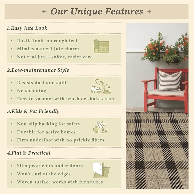 Washable Plaid Indoor Outdoor Rug 3x5 for Front Porch, Entryway, Patio, No Shed Easy Jute Non Slip TPR Backing Area Rug for Large Kitchen, Farmhouse Black & Tan Checkered Seegrass Aesthetic