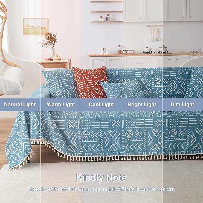 VClife Boho Couch Cover for 3 Cushion Couch Sofa Durable Soft Chenille Sofa Slipcover for Sectional Sofa, 1 PC Multi-Functional Sofa Covers Protector, Blue and White Furniture Protector 71" x 134"