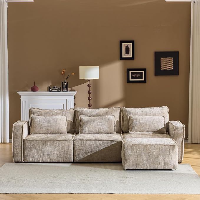 VINGLI 111" Convertible Modular Sectional Sofa,Comfortable L Shaped Reversible Couch with Ottoman, Removable 3 Seater Boneless Modern Couch, Durable Chenille Cloud Sofa for Living Room,Khaki