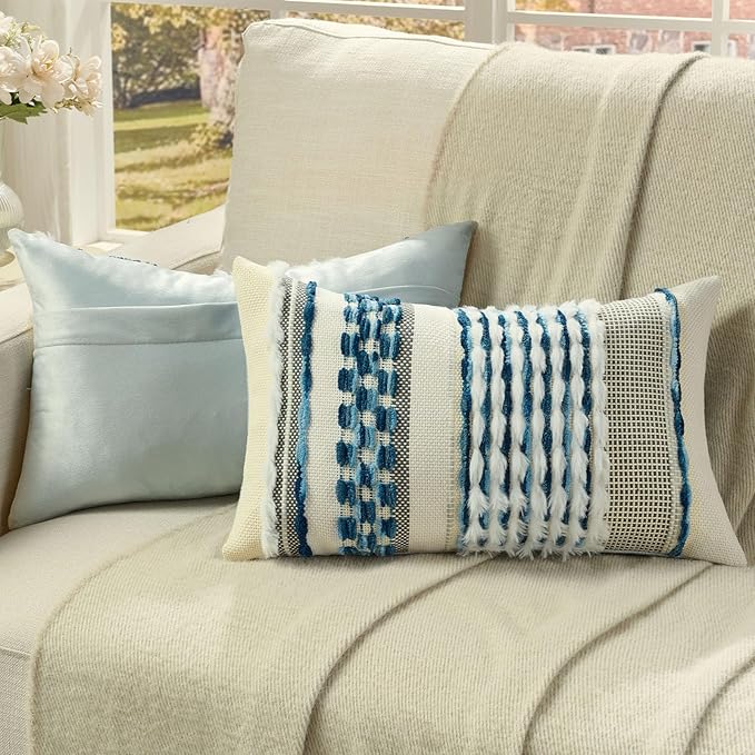 FUTEI Blue Accent Throw Pillow Covers Set of 2, 12x20 Inch Plush Tufted Striped Textured Decorative Pillow Cases for Farmhouse Boho Couch Decor