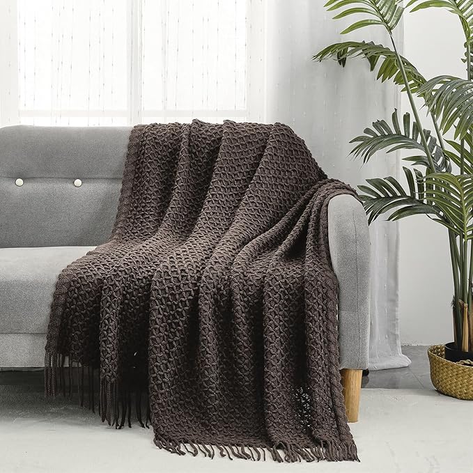 CREVENT Farmhouse Boho Knitted Throw Blanket for Couch Sofa Chair Bed Home Decoration, Soft Warm Cozy Light Weight for Spring Summer Fall (50''X60'' Chocolate)