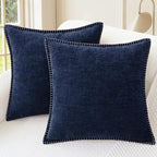 CaliTime Throw Pillow Covers Decorative 24 X 24 Inches Pack of 2 Cotton Thread Stitching Edges Solid Dyed Soft Chenille Cushion Cases for Couch Sofa Bed Living Room Farmhouse Navy Blue