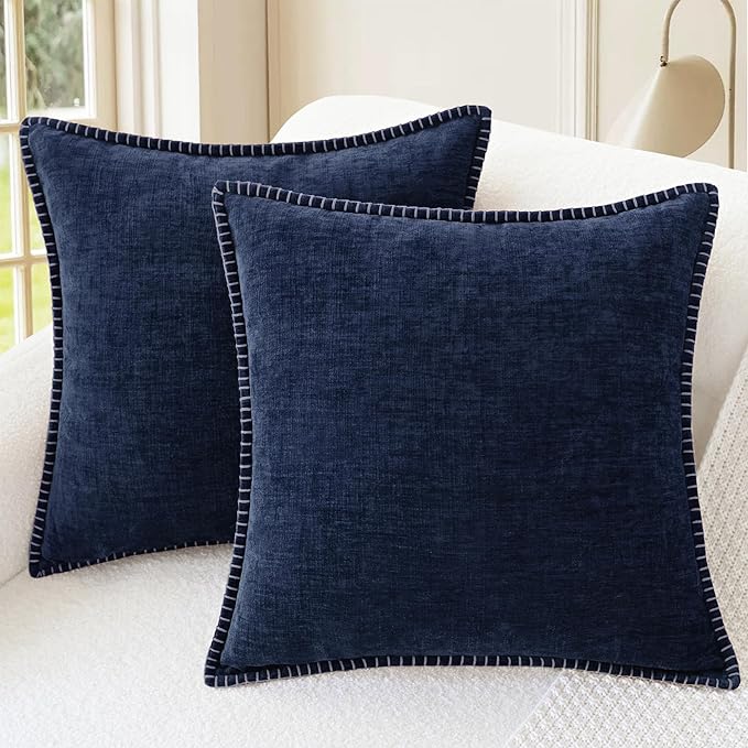 CaliTime Throw Pillow Covers Decorative 24 X 24 Inches Pack of 2 Cotton Thread Stitching Edges Solid Dyed Soft Chenille Cushion Cases for Couch Sofa Bed Living Room Farmhouse Navy Blue