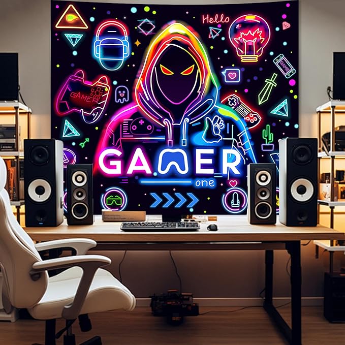 Apdidl Blacklight Gaming Wall Tapestry for Bedroom, Glow in the Dark Funny Game Player Boys Room Decor Tapestries, Cool Gamer Posters UV Reactive Neon Wall Hanging for Kids Living Room Dorm 51" X 60"