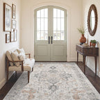 GENIMO 3x4 Area Rugs for Living Room, Machine Washable Rug, Non Slip Indoor Vintage Rug, Low Pile Lightweight Chenille Print Carpet for Bedroom Dining Room Home Office, Light Taupe Brown