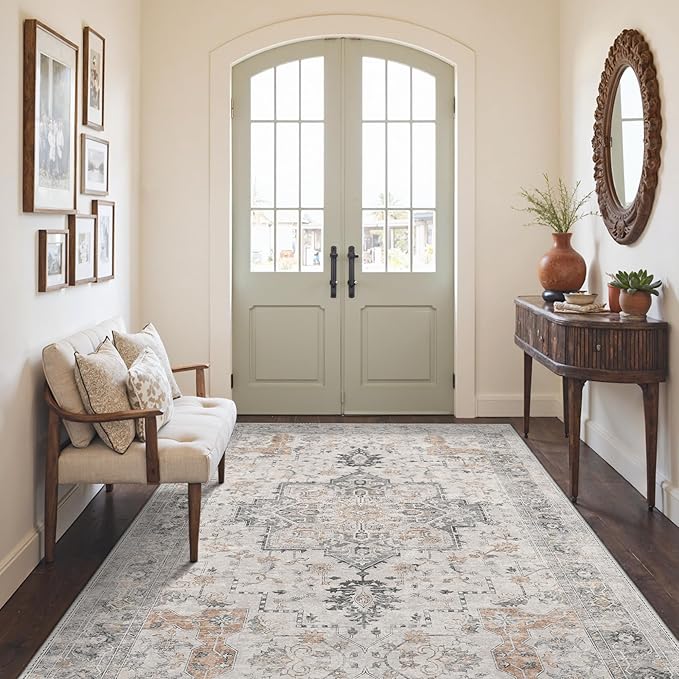 GENIMO 3x4 Area Rugs for Living Room, Machine Washable Rug, Non Slip Indoor Vintage Rug, Low Pile Lightweight Chenille Print Carpet for Bedroom Dining Room Home Office, Light Taupe Brown