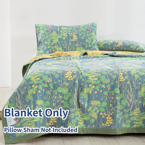 100% Cotton Muslin Botanical Blanket Jacquard Floral Plants Pattern Quilt, Soft Bed Cover Lightweight Breathable Gauzy Reversible Bedspread Coverlet Bedding Twin(59"x94"), No Pillow Sham