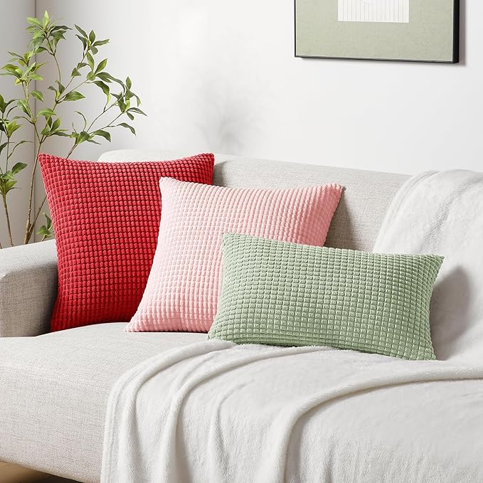 Softalker Throw Pillow Covers 12x20 Inch, Set of 2, Soft Corduroy Boho Stripe Decorative Pillow Cover, Couch Fluffy Pillow Cover for Farmhouse Home Decor Bed Living Room, Red