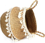 Tassel Macrame Woven Seagrass Belly Basket for Storage, Decoration, Laundry, Picnic, Plant Basin Cover, Groceries and Toy Storage (Large, Tassel)