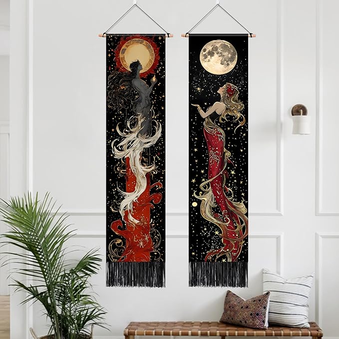 AOHMPT Pack of 2 Long Vertical Tapestry,Nature Landscape Tapestry with Serene Mountain River, Moon & Sun Motifs,Traditional Ink Painting Wall Art , Zen Aesthetic Wall Hanging for Living Room Bedroom Decor 13" W x 51" H"