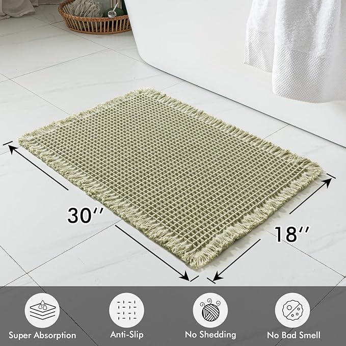 MIULEE Set of 2 Waffle Bathroom Rugs, Boho Bath Rugs Non Slip Washable, Super Absorbent Bath Mats, Ultra Soft Rubber Backed Shower Mats for Bathroom Floor, Tub and Shower, Sage Green, 18x30 Inch