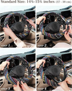 SEG Direct Boho Steering Wheel Cover with Baja Blanket Cloth, Ethnic Style Auto Wheel Cover Made of Coarse Flax, Fits 14 1/2-15 1/4 inches Car Wheel