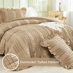 WONGS BEDDING Khaki Comforter Set Queen,3 Pieces Ruffle Farmhouse Shabby Chic Comforter for Queen Bed,Soft Seersucker Textured Boho Bedding Set with 1 Ruffle Comforter,2 Tufted Pillowcases 90"×90"
