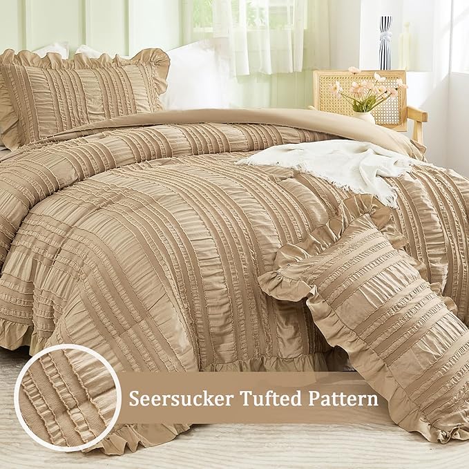 WONGS BEDDING Khaki Comforter Set Queen,3 Pieces Ruffle Farmhouse Shabby Chic Comforter for Queen Bed,Soft Seersucker Textured Boho Bedding Set with 1 Ruffle Comforter,2 Tufted Pillowcases 90"×90"