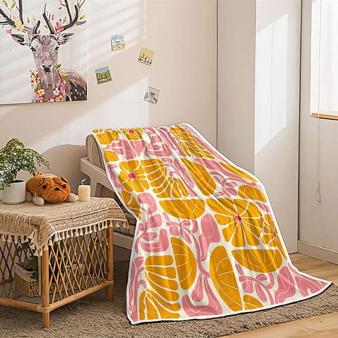 Boho Abstract Colorful Floral Throw Blanket, Vintage Retro Patchwork Orange Pink Flower Botanical Geometric Aesthetic Groovy Flannel Throw Blanket for Chair Bed Sofa Couch, 60X80IN