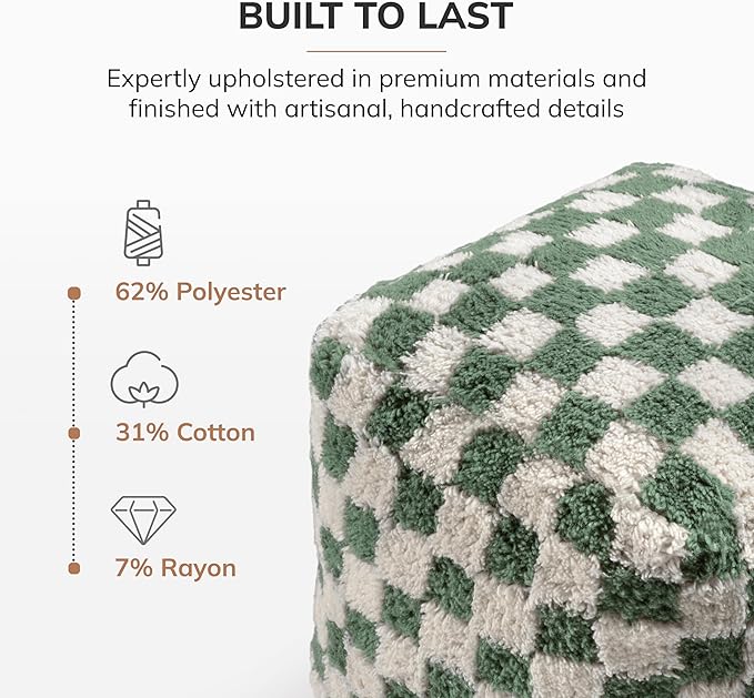 Anji Mountain Pouf Ottoman Foot Rest, Handmade Ottoman Pouf, Comfortable Foot Stool, Decorative Floor Seating for Living Room Decor, Bedroom & Home Décor Accent - Sage Checker