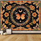 Accnicc Butterfly Floral Tapestry Vintage Indie Boho Flower Tapestries for Bedroom Aesthetic Retro Yellow Sunflower Moth Tapestry Wall Hanging for Dorm Living Room (80'' × 60'')