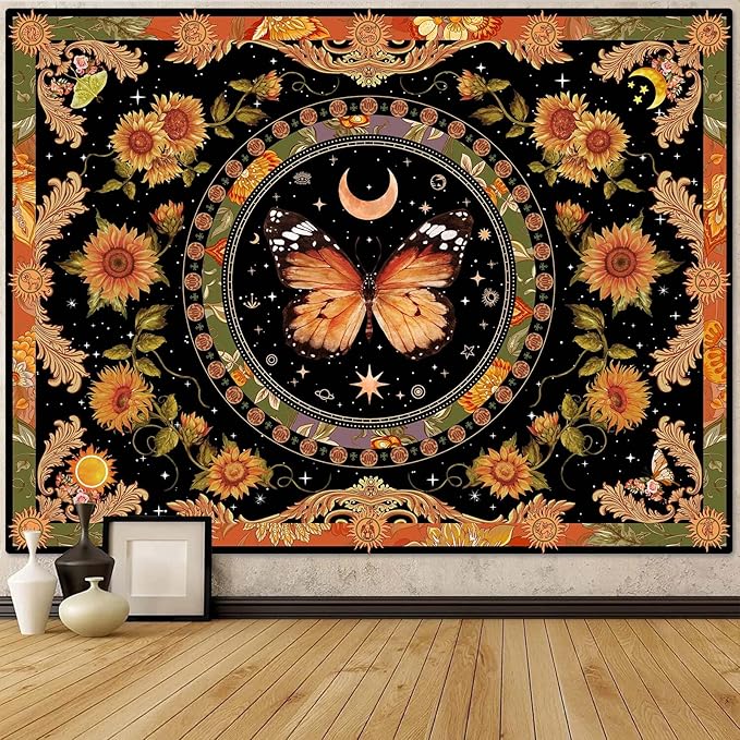 Accnicc Butterfly Floral Tapestry Vintage Indie Boho Flower Tapestries for Bedroom Aesthetic Retro Yellow Sunflower Moth Tapestry Wall Hanging for Dorm Living Room (80'' × 60'')
