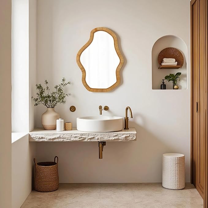 Asymmetrical Mirror 22 X 30 Inch, Hanging Boho Wavy Rattan Mirrors for Wall, Handmade Wicker Irregular Decorative Mirrors for Living Room Hallway Entryway Bedroom Bathroom