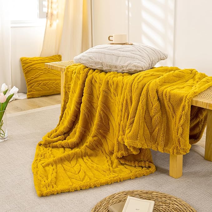 YUSOKI Sherpa Large Throw Blanket Single Layer,Light Weight(1.7lb),370GMS-3D Stylish Design for Gift Home Decor (Mustard Yellow,50"x65")