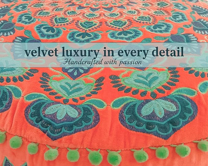 Orange Round Velvet Pouf Cover - Soft Embroidered Ottoman Slipcover with Moroccan Design, 24 Inch Diameter, Ideal for Living Room, Bedroom, or Meditation Space - Decorative Floow Pillow Cushion