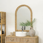 Arched Rattan Wall Mirror – 24x36 Inch Boho Elegance with Woven Frame and Wooden Bead Trim, Decorative Mirror for Bathroom Vanity Entryway Living Room
