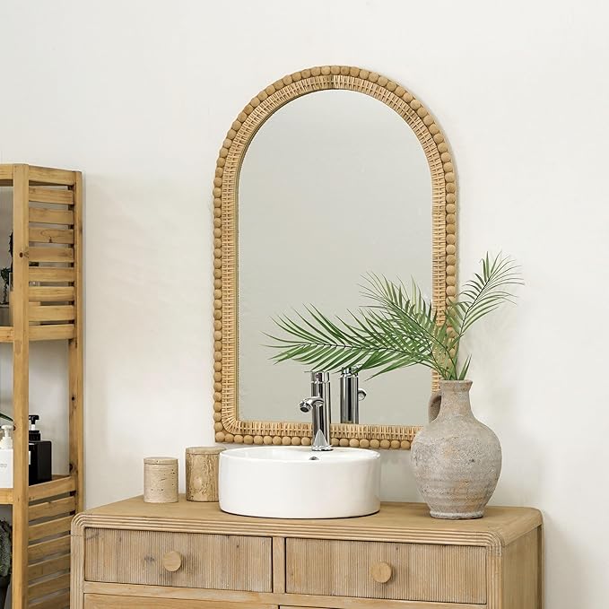 Arched Rattan Wall Mirror – 24x36 Inch Boho Elegance with Woven Frame and Wooden Bead Trim, Decorative Mirror for Bathroom Vanity Entryway Living Room