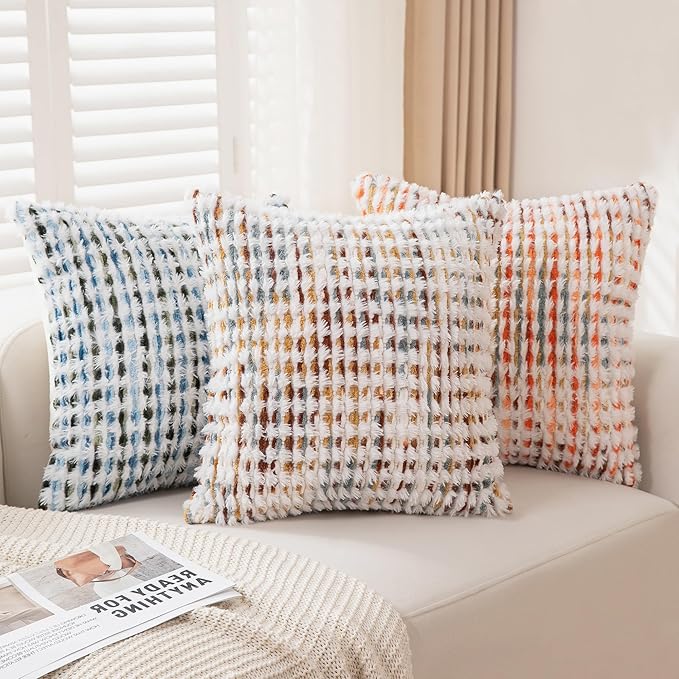 Boho Throw Pillow Covers Set of 2-18x18 Inch Farmhouse Tufted Pillow Covers Neutral Chenille Boho Throw Pillows, Accent Fluffy Pillow Cases for Couch Living Room Bed Sofa, Yellow and White
