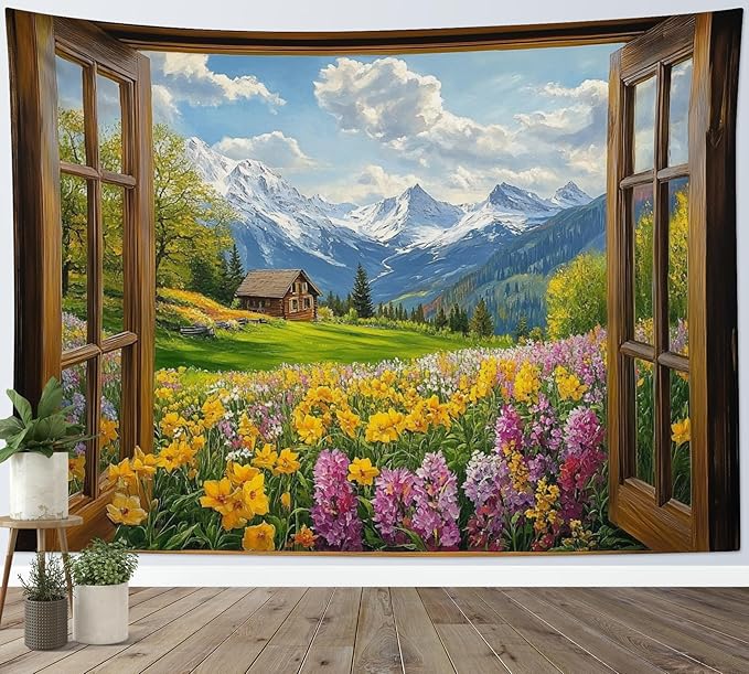 EOBTAIN Garden Window Tapestry Purple Yellow Floral and Cottage on Mountain Tapestry Wall Hanging Green Forest Nature Landscape Wall Art for Bedroom Living Room Dorm Room Decor,92x70 Inch