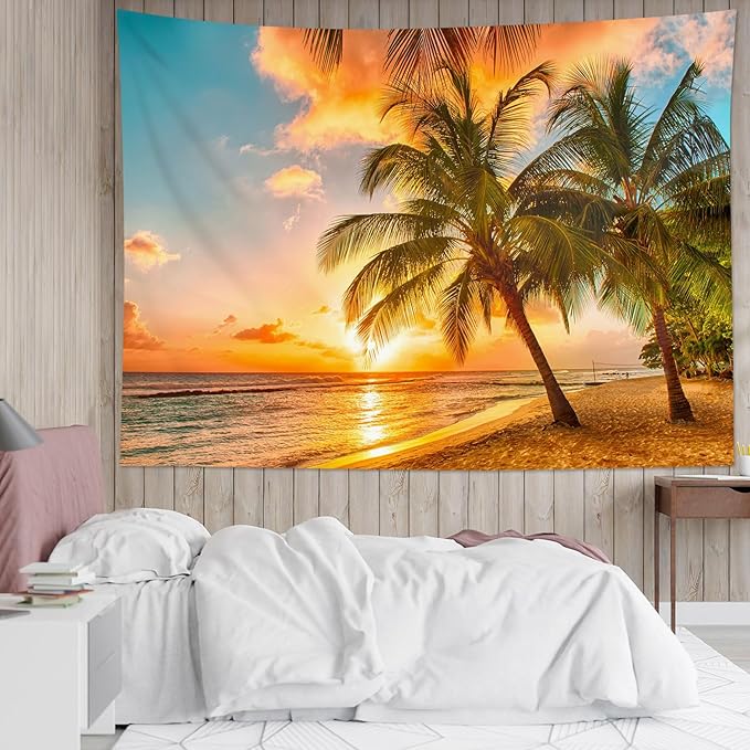 HVEST Beach Palm Tree Tapestry Wall Hanging, Nature Sunrise and Sunset Scence Tapestry, Ocean Coastal Landscape Tapestry for Living Room Bedroom Aesthetic Decor, 70.9L x 92.5W Inches