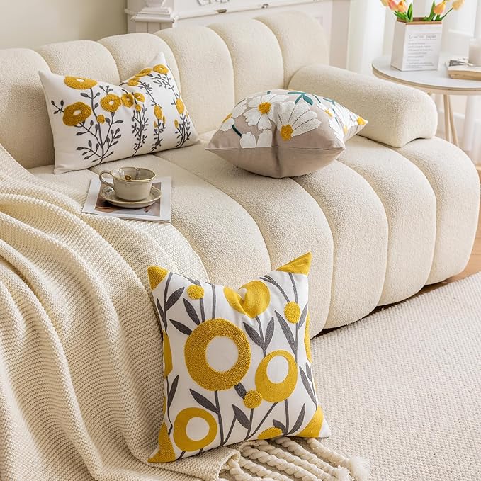 vctops Boho Floral Tufted Decorative Throw Pillow Cover Botanical Embroidered Cotton Cushion Cover for Couch Sofa Bed (Flower D,18"x18")