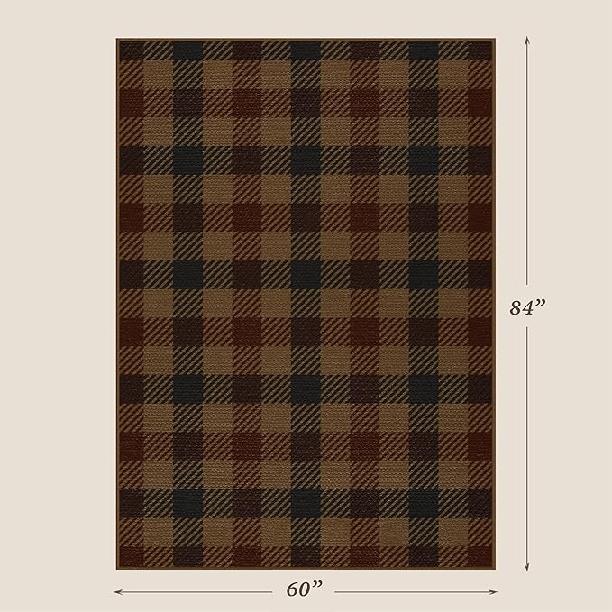 Vintage Large Plaid Area Rug for Living Room - 5x7 Easy Jute Classic Brown and Red Rug for Bedroom Under Bed, Large Entryway Outdoor Porch, Washable Non Slip Neutral Dark Brown Retro Décor