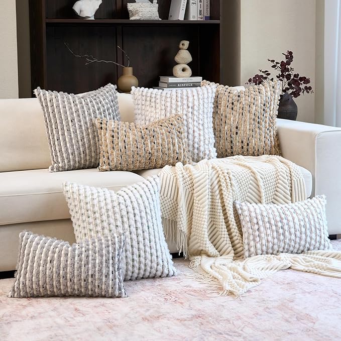 Aeckself Handmae Boho Chenille Tufted Pillow Cover 12x20 Inch, Rectangle Decorative Lumbar Throw Pillow Cover Neutral Pillowcase for Couch Bedroom Living Room, Grey White