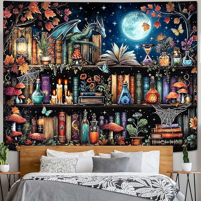 Accnicc Dragon Bookshelf Tapestry Witchy Mushroom Bookshelf Tapestries Wall Hanging Gothic Medieval Fantasy Moon Dark Academia Book Large Tapestry for Bedroom Living Room Dorm 80 x 60 inch