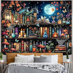 Accnicc Dragon Bookshelf Tapestry Witchy Mushroom Bookshelf Tapestries Wall Hanging Gothic Medieval Fantasy Moon Dark Academia Book Extra Large Tapestry for Bedroom Living Room Dorm 90 x 68 inch