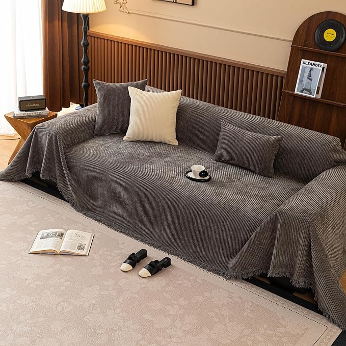 ROOMLIFE Sofa Cover, Boho Couch Cover for 3 Cushion Sofa, Non Slip Chenille Sofa Slipcovers for Dog, Washable Furniture Sofa Protector Cover with Tassel for Living Room, 71''X118”