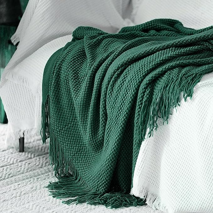 LOMAO Knitted Throw Blanket with Tassels Bubble Textured Lightweight Throws for Couch Cover Home Decor (Green, 60x80)
