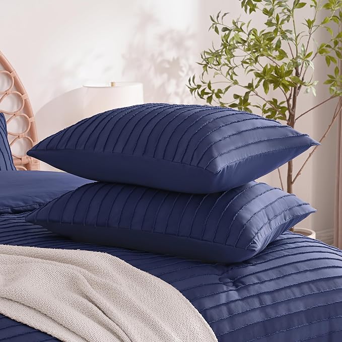 JELLYMONI Pillowcases King Size Navy Blue 2 Pack Boho Striped Bed Pillow Covers 20x36in Polyester Envelope Pillow Shams Tufted Bohemian Textured (Pillows are not Included)