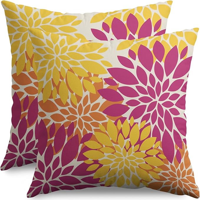 Hot Pink Yellow Orange Pillow Covers 20X20 Inch Set of 2, Spring Summer Floral Dahlia Flower Cream Decorative Throw Pillow Covers Outdoor Modern Farmhouse Cushion Case for Home Couch Sofa Bed Decor