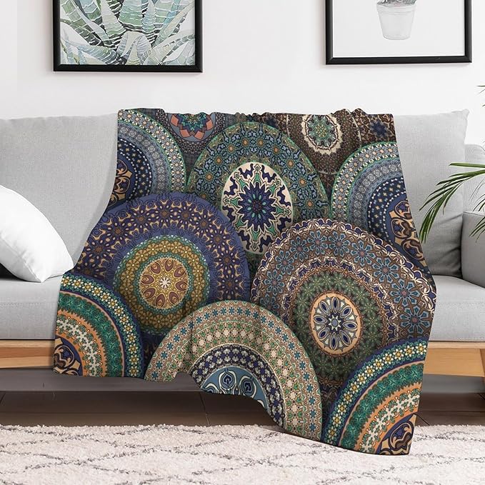 Indian Bohemian Throw Blanket Mandala Design Colorful Boho Floral Pattern Paisley Blanket for Sofa Bed Couch Chair Or Dorm 70"x80"