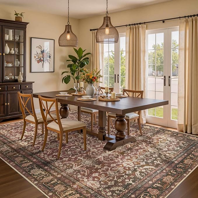 8x10 Area Rugs for Living Room Bedroom, Large Washable Christmas Rug, Vintage Oriental Boho Rug, Non Slip & Low Pile Faux Wool Thin Carpet for Indoor Dining Room and Kids Room(Red 8x10ft)