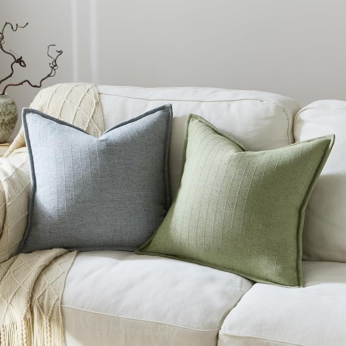 26x26 Linen Euro Sham Pillow Covers Sage Green Pack of 2 Farmhouse Boho Neutral Accents Striped Textured Square Decorative Throw Pillow Cases for Living Room Couch Bed Home Decor