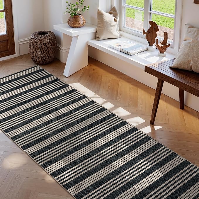 Lahome Elance Striped Easy Jute Kitchen Runner, 2x8 Neutral Indoor Outdoor Runner Rug, Farmhouse Non Slip Non Shedding Carpet for Entryway Hallway Porch Foyer Decor