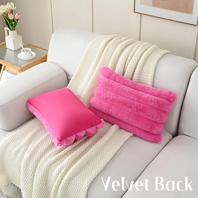 FUTEI Hot Pink Decorative Throw Pillow Covers 12x20 Inch Set of 2, Square Soft Faux Rabbit Fur Thick Striped Lumbar Pillow Case,Spring Home Decor for Couch Bed Living Room