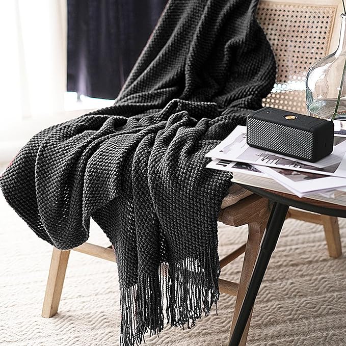 LOMAO Knitted Throw Blanket with Tassels Bubble Textured Lightweight Throws for Couch Cover Home Decor (Black, 60x80)