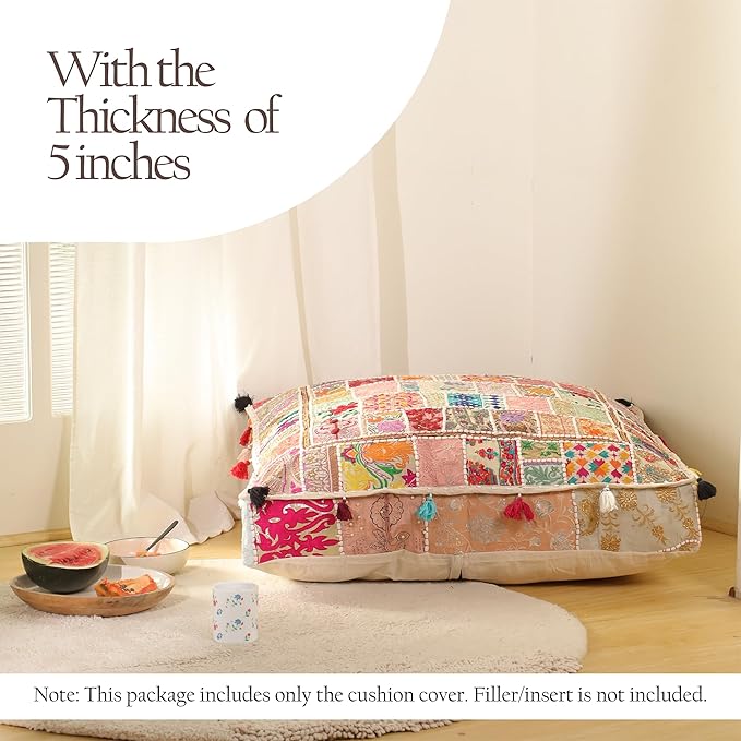 THE ART BOX Cotton Patchwork Vintage Boho Embroidered Floor Pillows & Cushion Cover Dog Pouf Seating Pouf Meditation Pillow Pet Bedding Cat Bed Boho Home Décor (35x35 Inches, Cover Only)