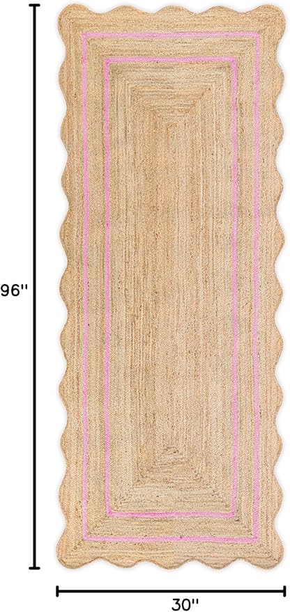 Wave Scalloped Natural Jute Runner, Light Pink (2'6"x8'): Boho Farmhouse Scallop Entryway Rug